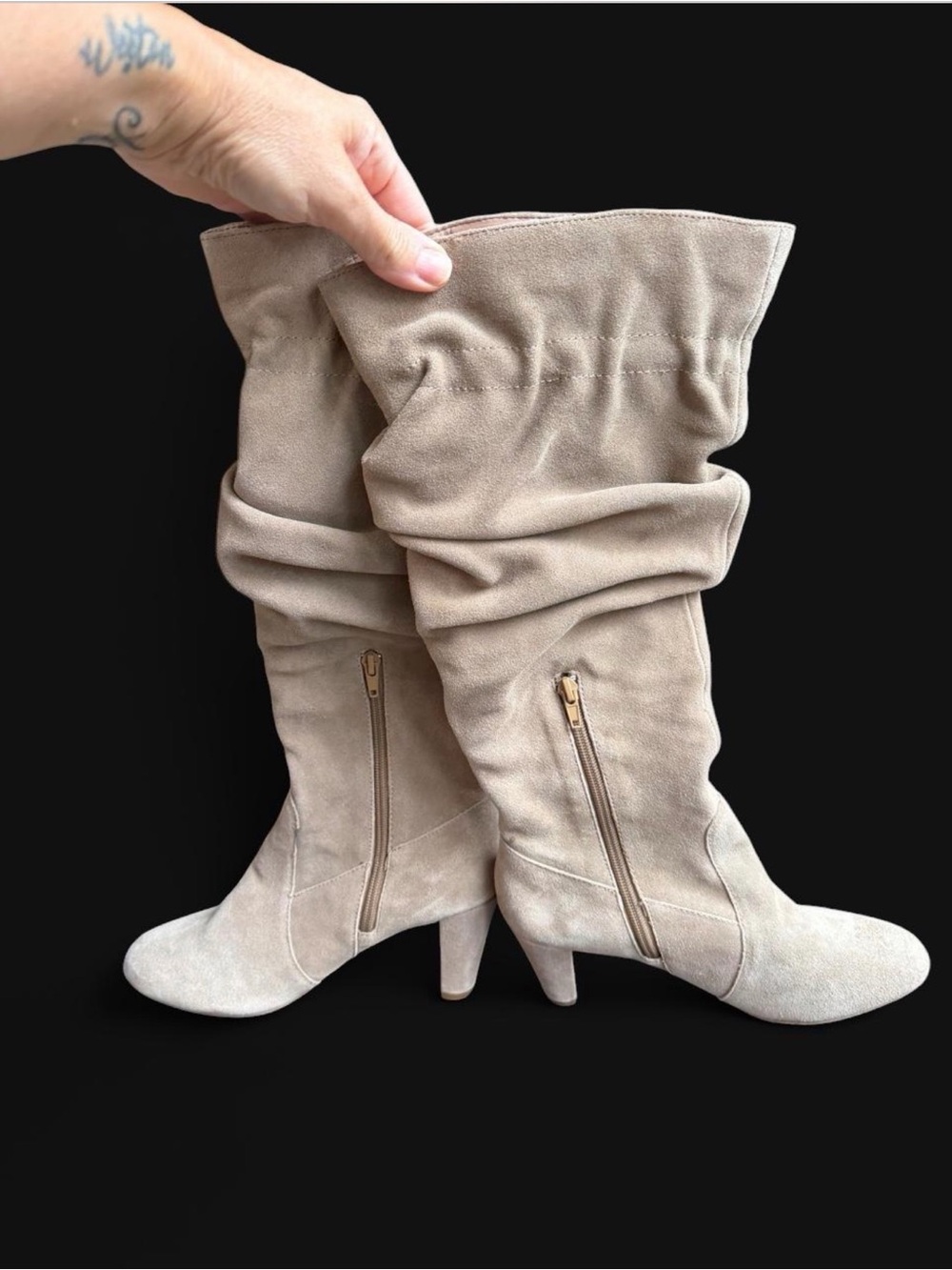 Hot in Hollywood Taupe Faux Suede Slouch Below-the-Knee Boots Women’s - Picture 8 of 9